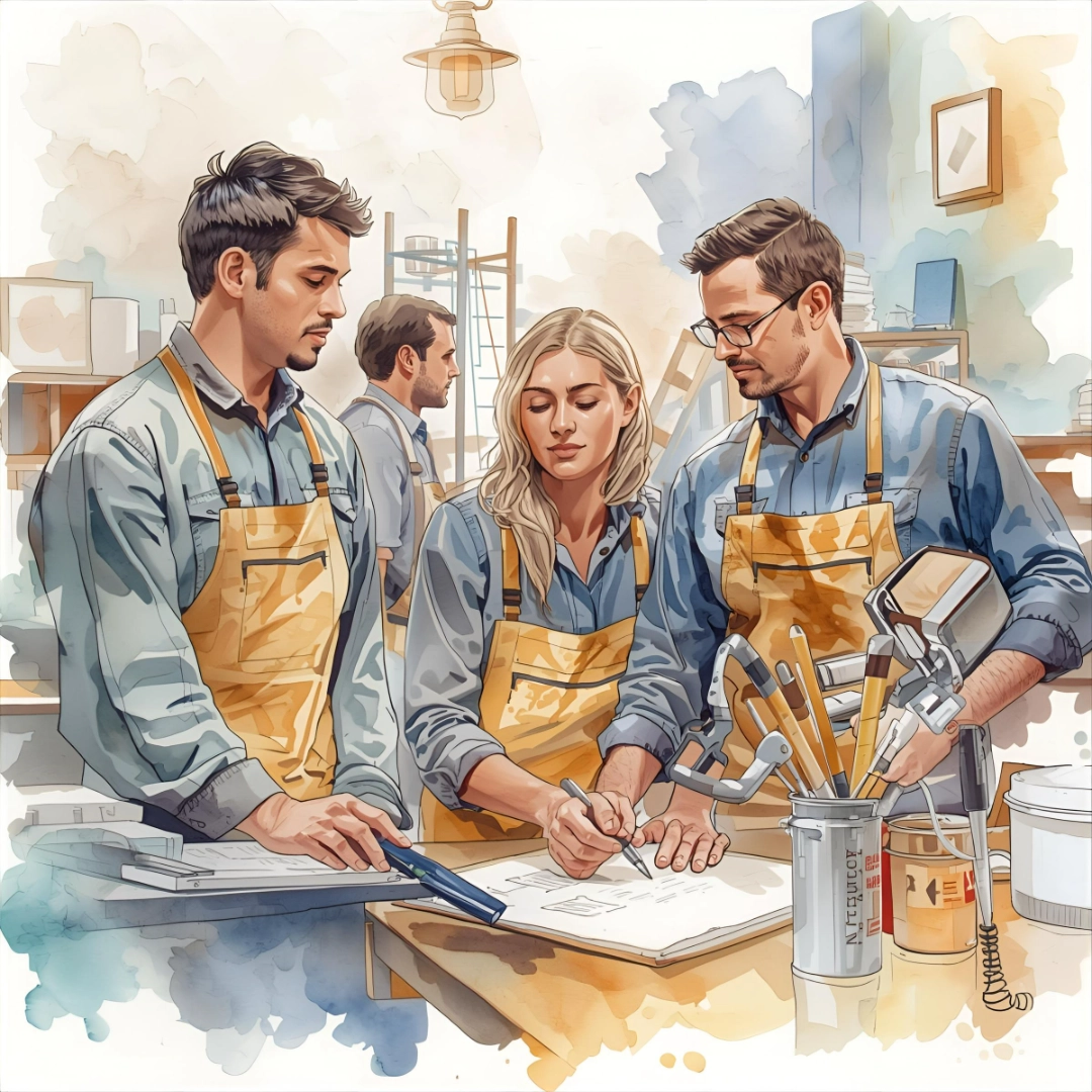 vier Personen sitzen am Tisch. Eine Person steht in der Mitte und spricht mit den anderen.