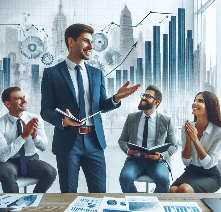 drei Personen sitzen im halben Kreis. Eine Person steht in der Mitte und hält einen Block. Auf dem Tisch liegen Papierunterlagen